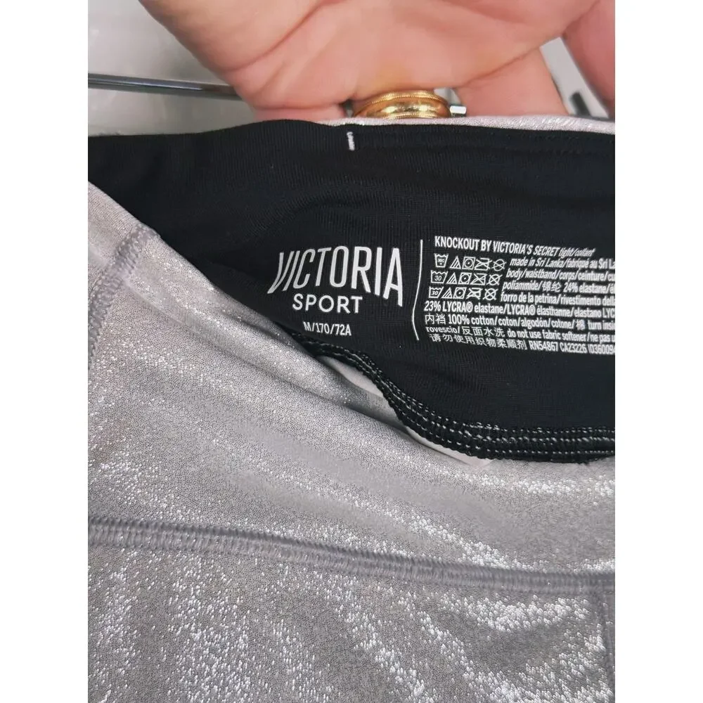 NWT Victoria's Secret Knockout Metallic Shimmer Leggings Size Medium Silver Gym